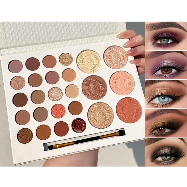 Palette maquillage contouring 26 couleurs AMS avec fards mats et irisés, blush, bronzer et highlighter, exemples de looks