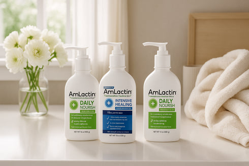 Gamme complète AmLactin Daily Nourish et Intensive Healing - lotions hydratantes corps acide lactique