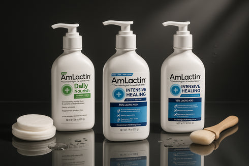 Lotions AmLactin 15% acide lactique fond noir - Daily Nourish et Intensive Healing traitement professionnel