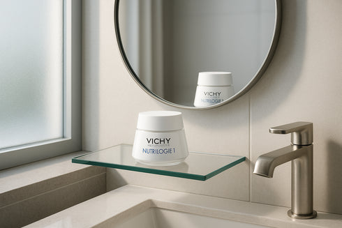 Vichy Nutrilogie 1 salle de bain moderne miroir - crème hydratante routine beauté quotidienne