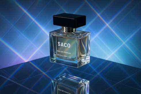 Parfum SACO unisexe reflets bleus géométriques futuriste - fragrance moderne design contemporain