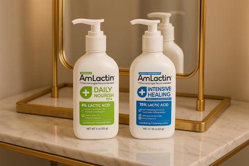 AmLactin Daily Nourish et Intensive Healing miroir doré - lotions corps luxe salle de bain élégante