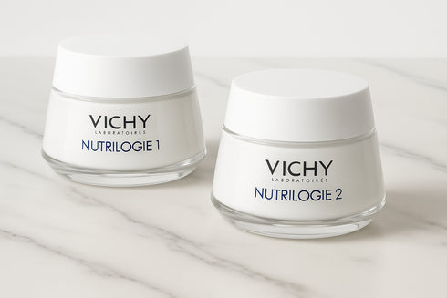 Duo crèmes Vichy Nutrilogie 1 et 2 vitamine E marbre blanc - hydratation 24h peaux sèches