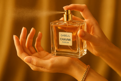 Femme appliquant parfum Gabelil Chavnk floral - eau de parfum féminin jasmin fruité phéromones élégant