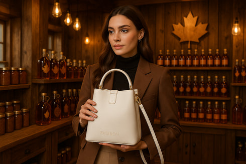 Mannequin avec sac blanc dans une érabliÚre de luxe canadienne
