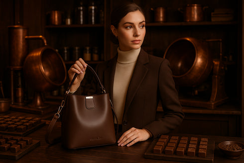 Mannequin avec sac marron chocolat dans un atelier chocolatier à Montréal