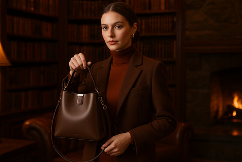 Mannequin avec sac marron chocolat dans une bibliothĂšque de lodge Ă Banff