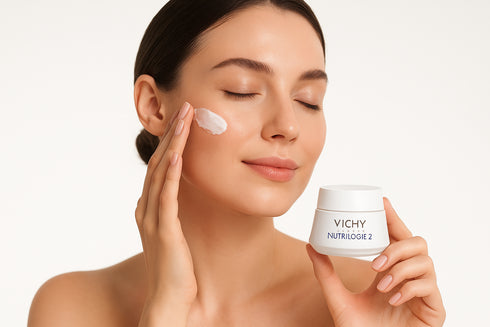 Femme appliquant crème Vichy Nutrilogie 2 sur visage - texture riche nourrissante peaux très sèches