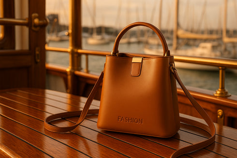 Sac camel/cognac dans un yacht club néo-zélandais