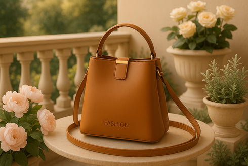 Sac camel sur balcon jardin sophistiqué de luxe