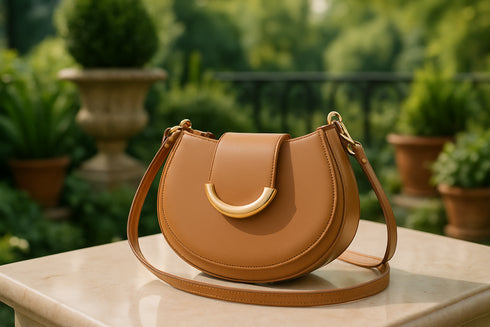 Sac camel/tan sur balcon luxueux