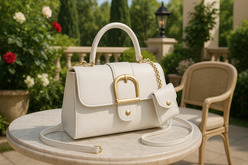 Sac à main blanc haut de gamme sur balcon luxueux