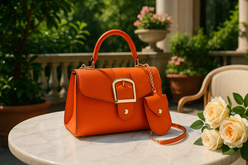 Sac à main orange haut de gamme sur balcon luxueux
