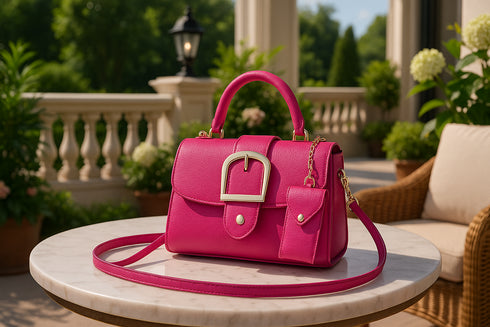 Sac à main rose haut de gamme sur balcon luxueux