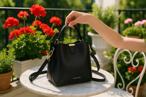 Sac noir sur balcon jardin lumineux de luxe