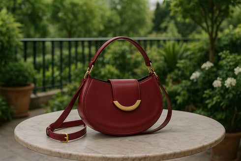 Sac rouge bordeaux refait sur balcon jardin luxueux