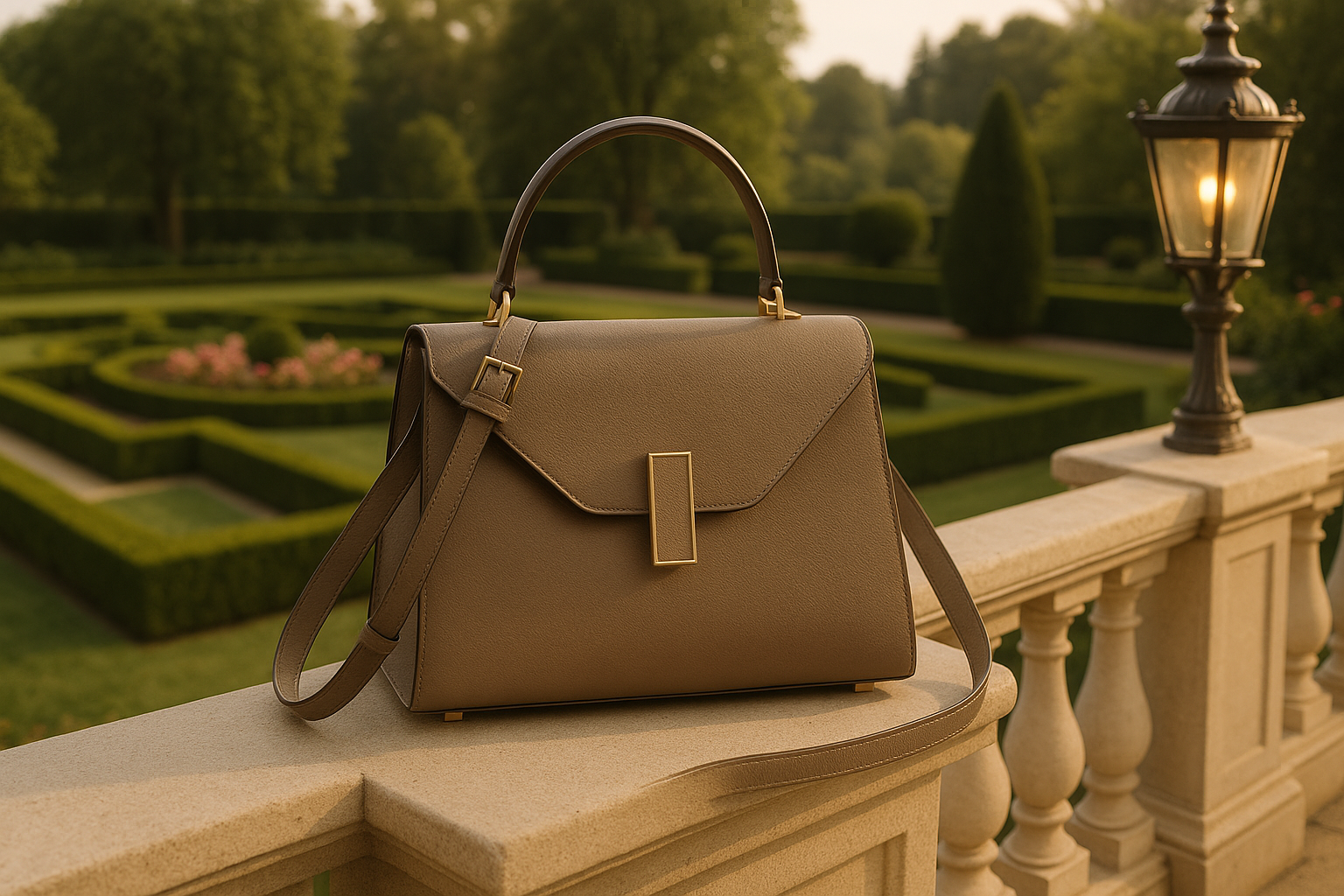 Sac kaki sur balcon jardin luxueux