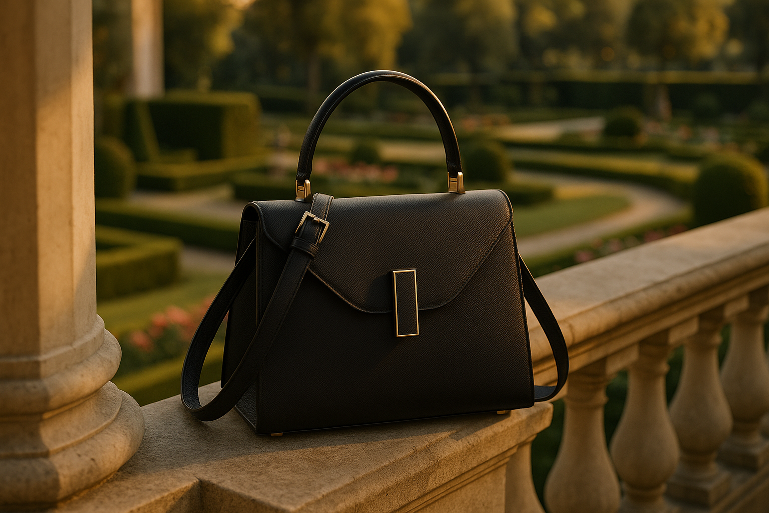 Sac noir sur balcon jardin luxueux