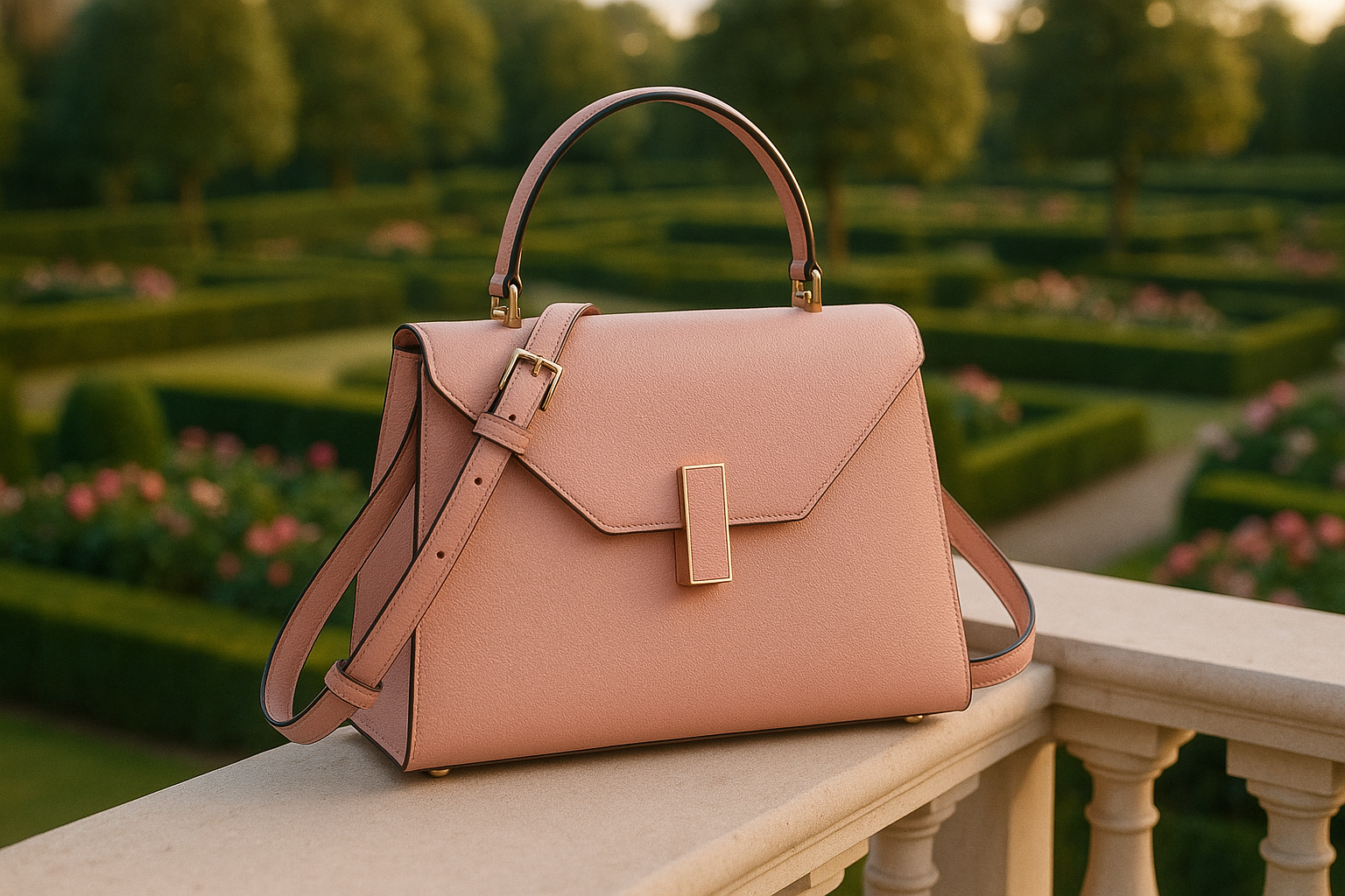 Sac rose sur balcon jardin luxueux