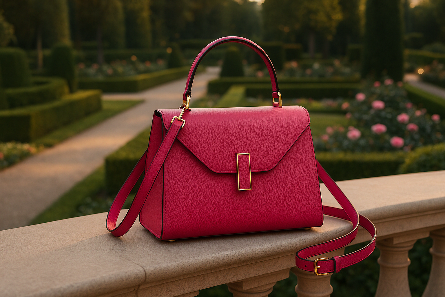 Sac rouge rosé sur balcon jardin luxueux