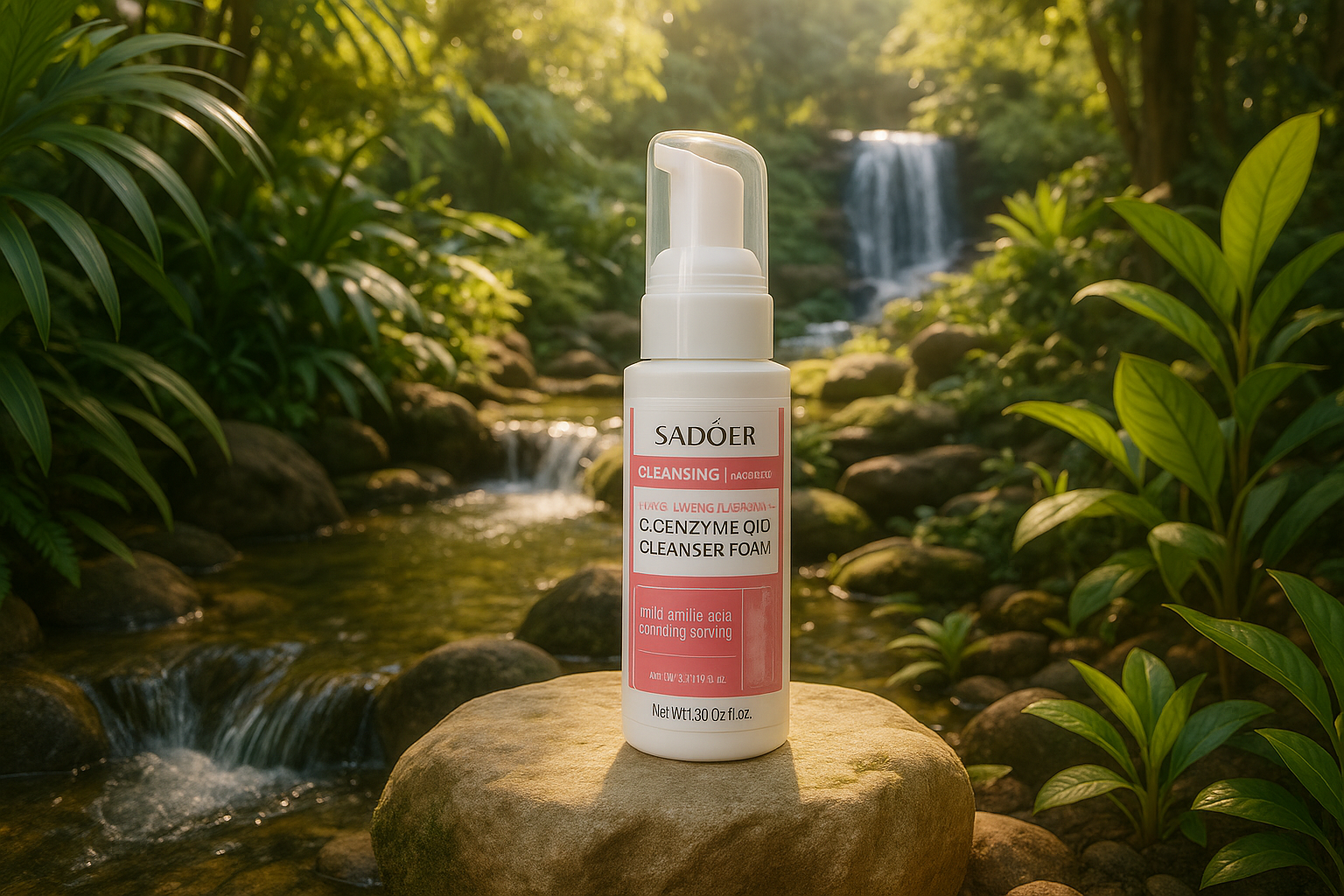 SADOER COENZYME Q10 dans un jardin euphorique avec eau qui s'écoule
