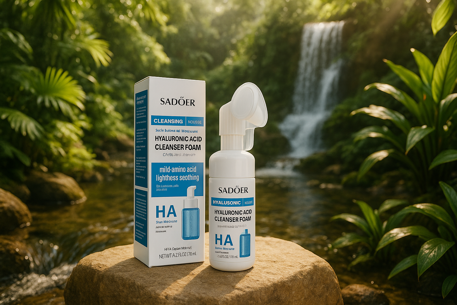 SADOER HYALURONIC ACID dans un jardin euphorique avec eau qui s'écoule