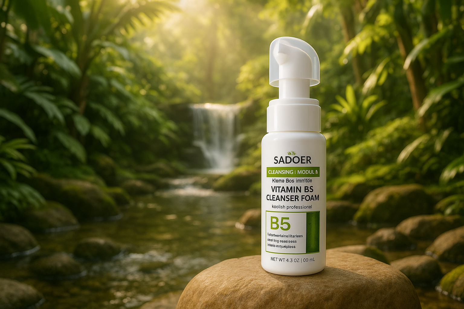 SADOER VITAMIN B5 dans un jardin euphorique avec eau qui s'écoule
