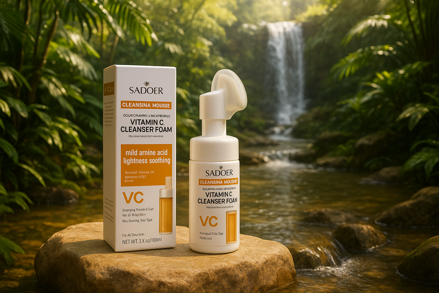 SADOER VITAMIN C dans un jardin euphorique avec eau qui s'écoule
