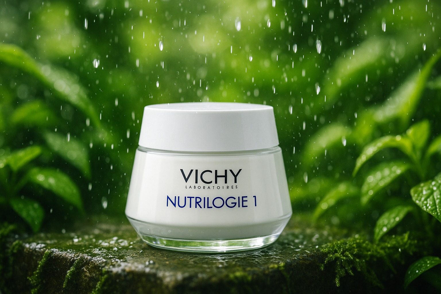 Vichy Nutrilogie 1 dans jardin avec gouttes d'eau