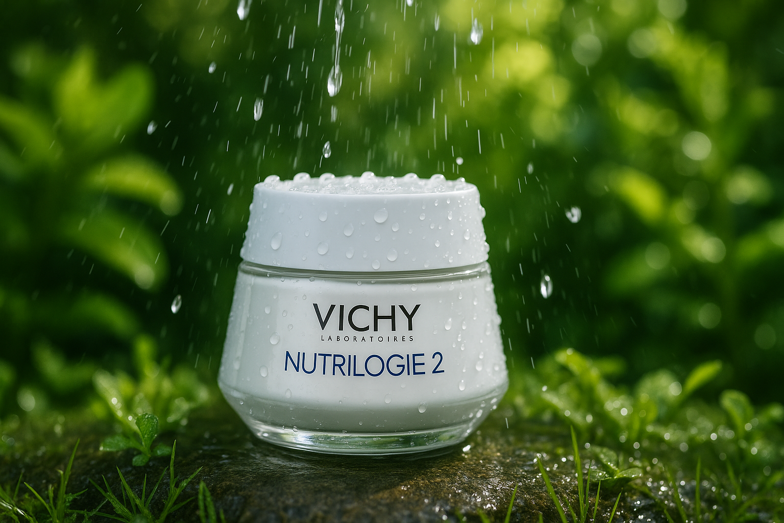 Vichy Nutrilogie 2 dans jardin avec gouttes d'eau
